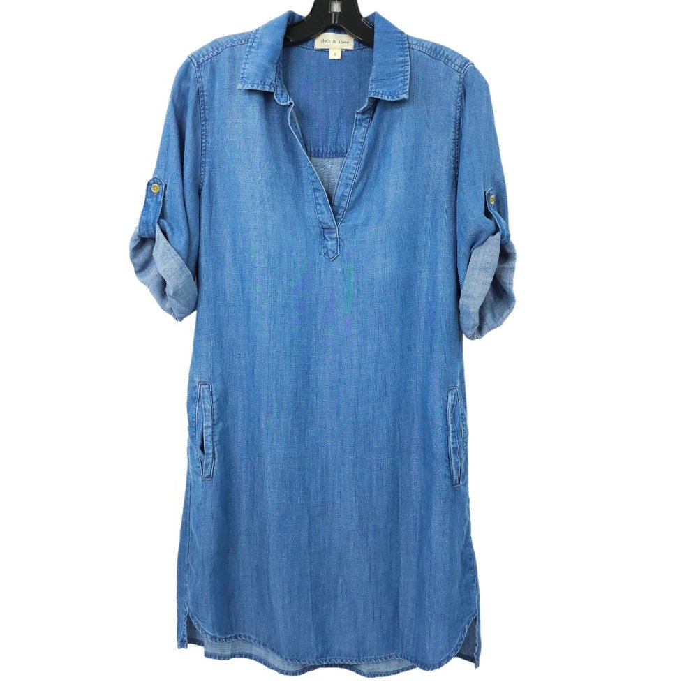Cloth & Stone Tunic Top Chambray Shirt Roll Tab Short Sleeve Sz S Pockets Anthro